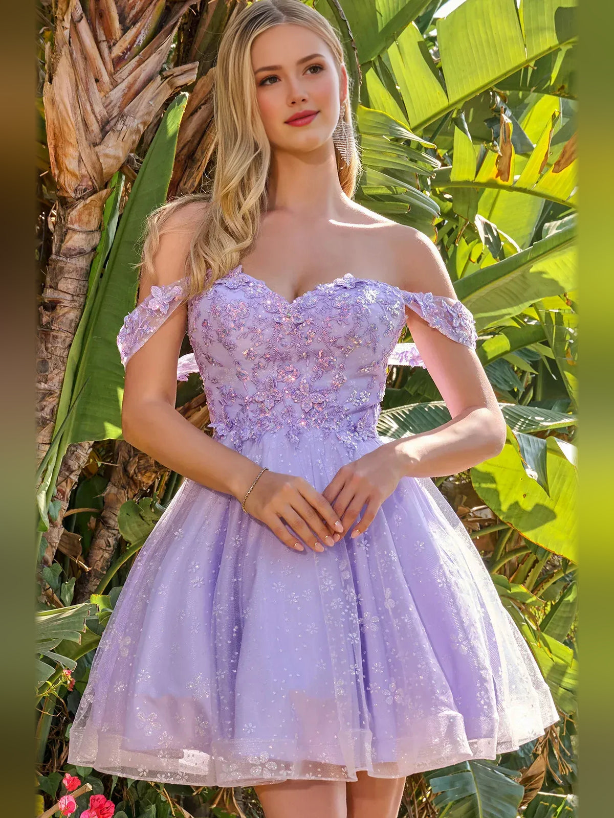 Lilac sweetheart corset bodice A-line mini tulle dress with floral appliques