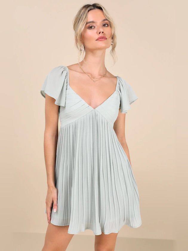 Mint blue pleated mini dress with flutter sleeves and V-neck front
