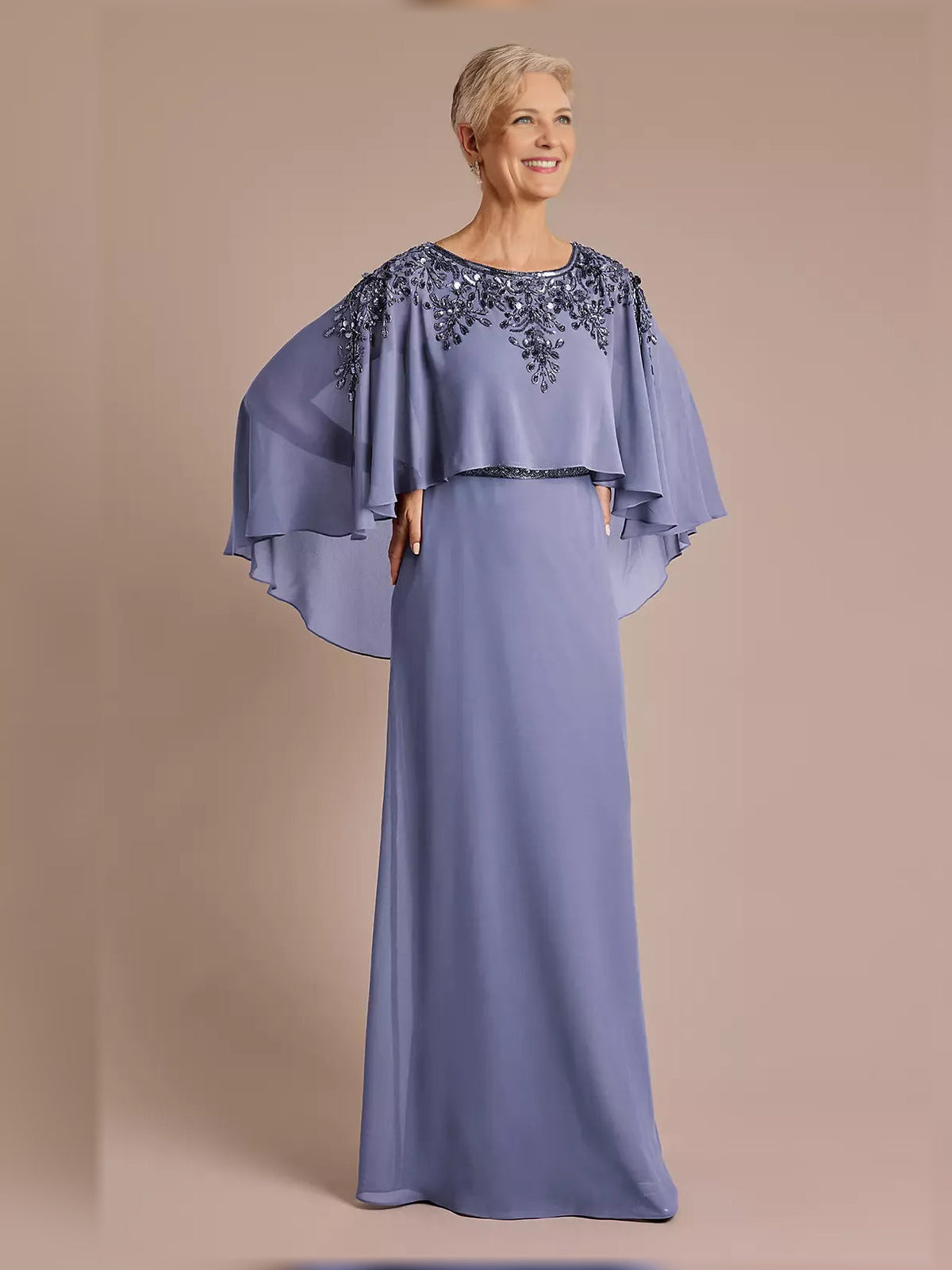 Periwinkle chiffon floor-length dress, beaded neckline, flowing cape sleeves