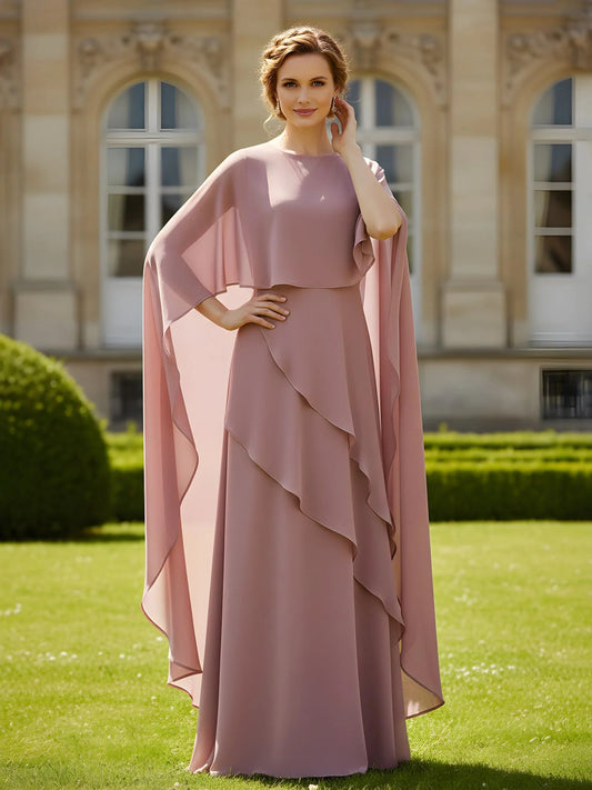 Dusty rose chiffon ball gown with round neckline, layered ruffles, draped skirt and cape sleeves