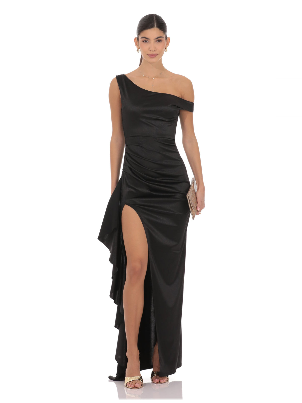 Black bridesmaid dress with a-line silhouette and maxi length