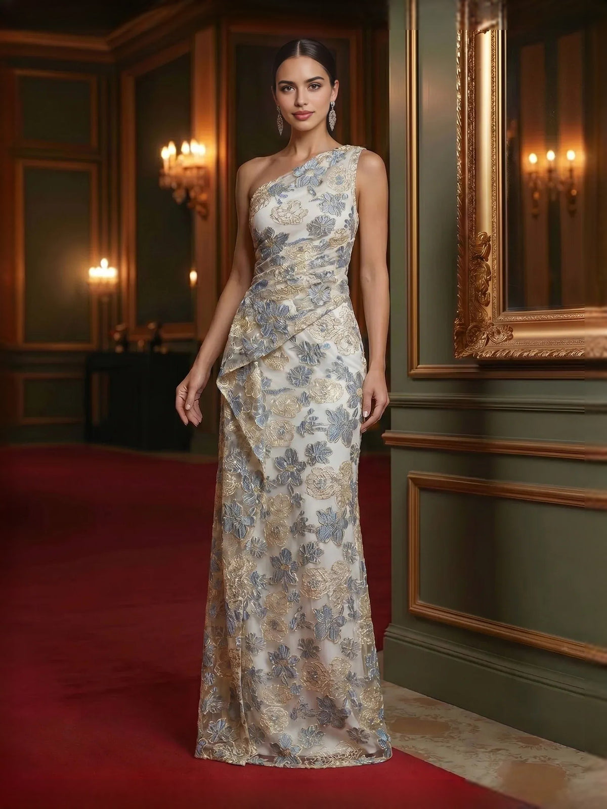 One-shoulder floral sheath dress with draped bodice and front slit, floor-length