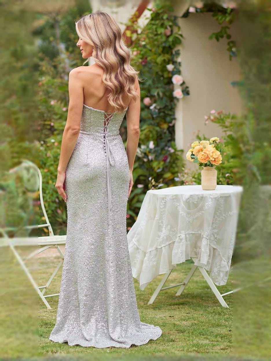 Steel grey ruched corset mermaid prom dress, lace-up back, sweetheart bodice, slit