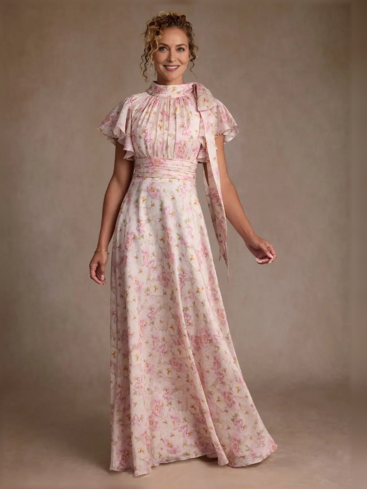 Floral chiffon maxi dress, high neck, ruffled cap sleeves, pleated A-line skirt
