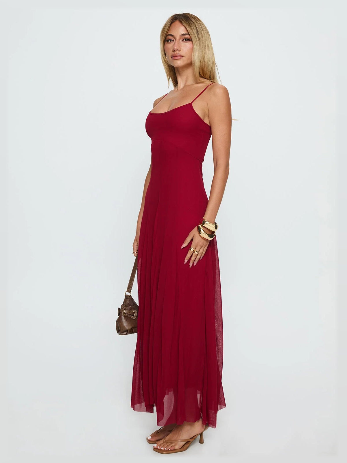 Red formal dress with a-line silhouette and maxi length