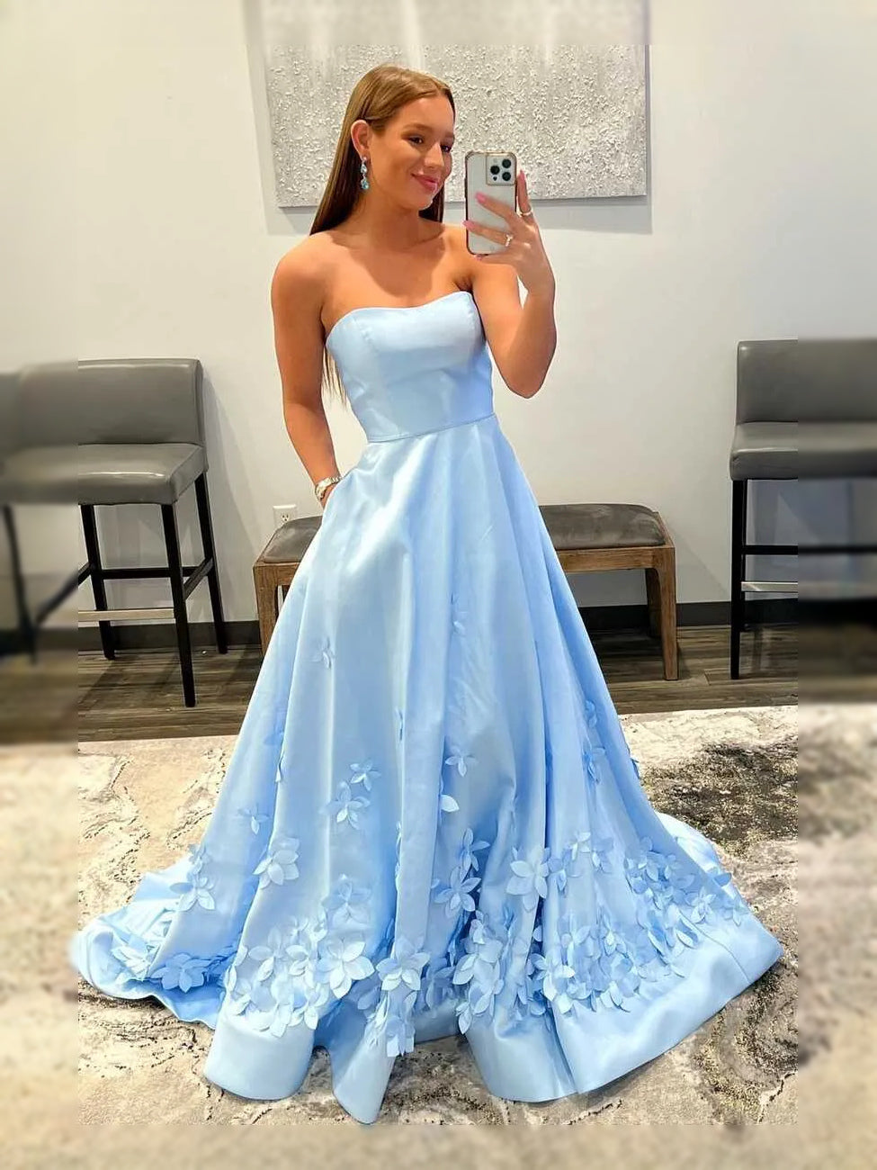 Sky blue satin corset prom dress with sweetheart neckline, floral appliques, A-line skirt