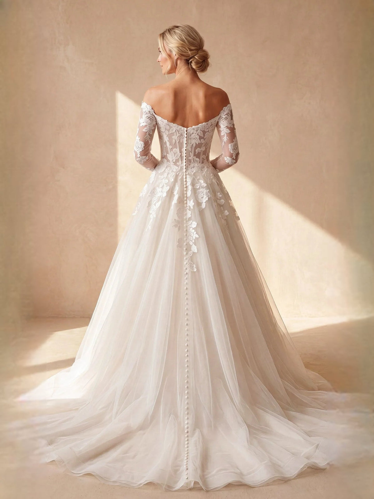 Ivory off-shoulder lace corset wedding dress with layered tulle A-line skirt and train