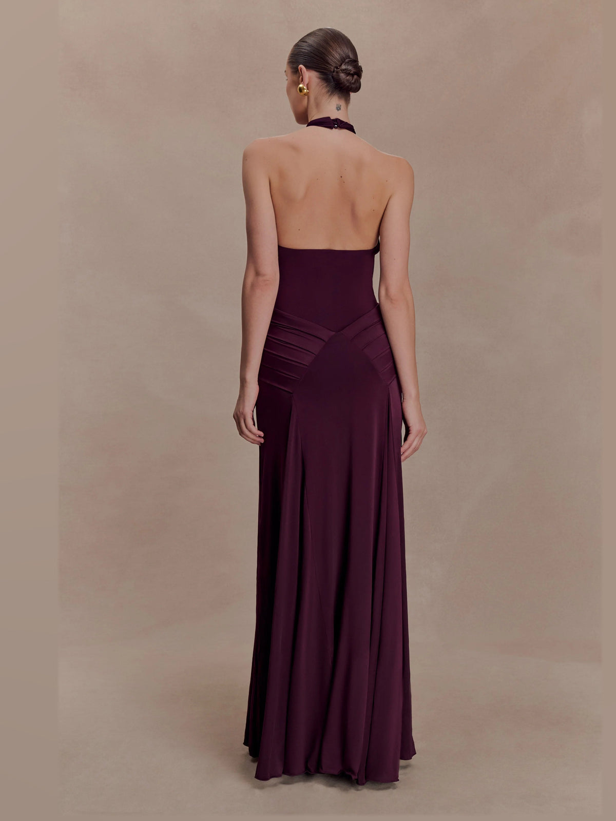 Mahogany formal dress with a-line silhouette and maxi length