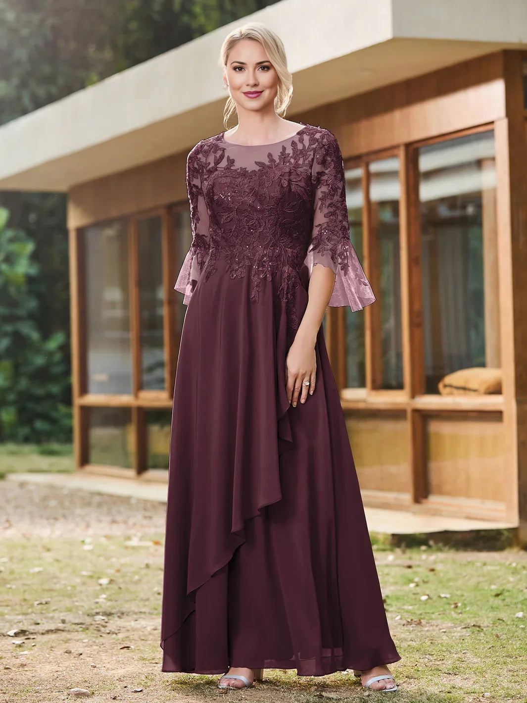 Floral illusion neck A-line chiffon dress, cabernet, ruffle bell sleeves