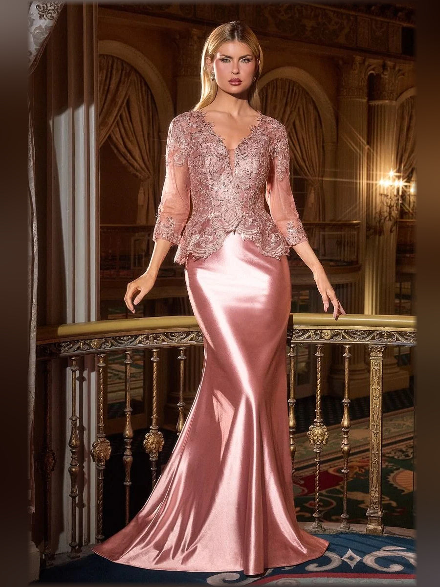 Dusty rose satin mermaid formal dress with V-neck and lace bodice, floor-length