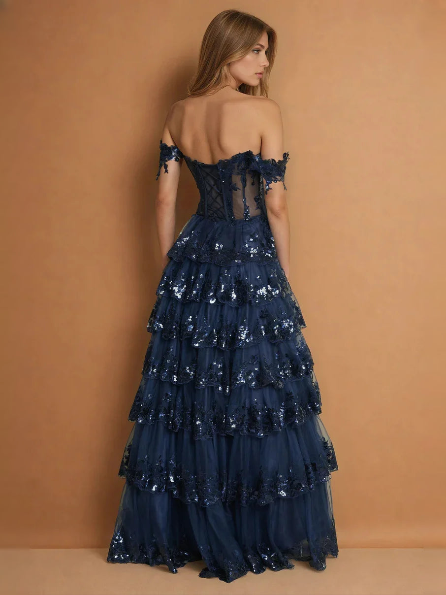 Dark navy tiered off-shoulder A-line maxi tulle prom dress with corset bodice