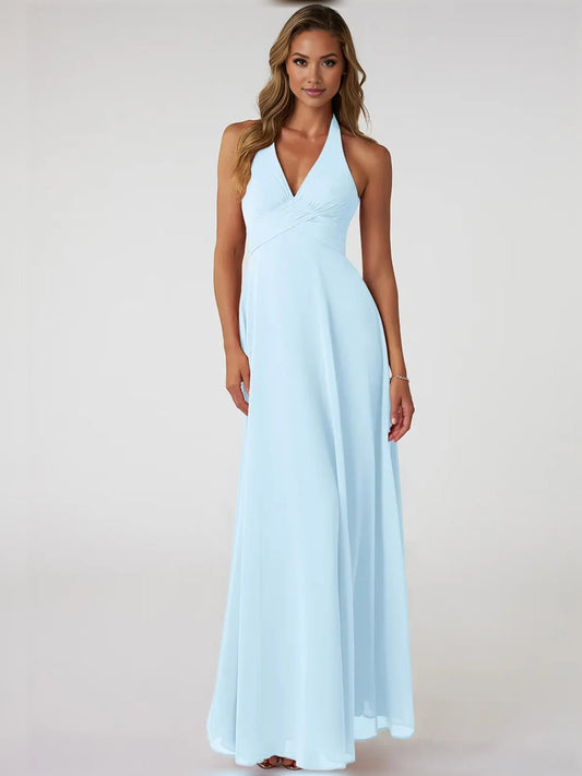 Sky blue V-neck ruched A-line maxi chiffon bridesmaid dress, sleeveless pleated bodice