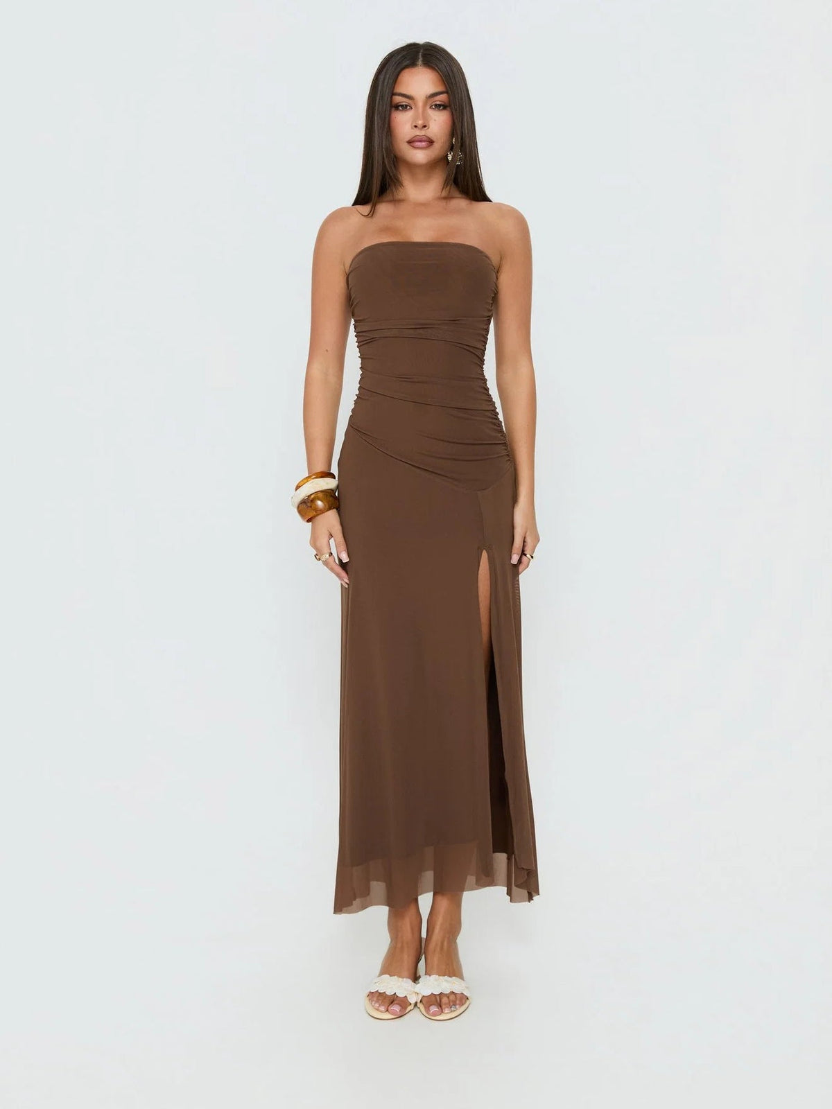 Mocha formal dress with a-line silhouette and maxi length