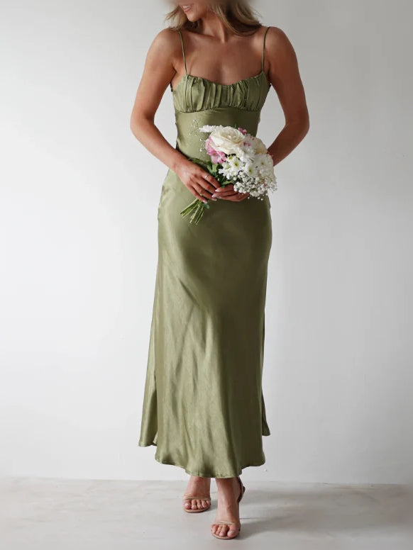 Olive satin maxi bridesmaid dress with spaghetti straps, fitted bodice, front slit hem