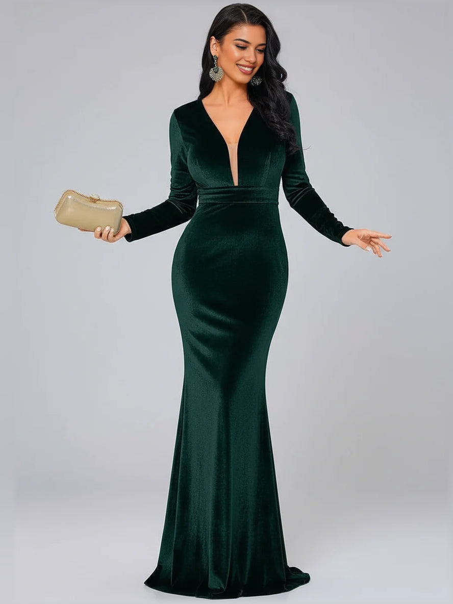 Dark green V-neck long-sleeve mermaid maxi formal dress, fitted with flared hem