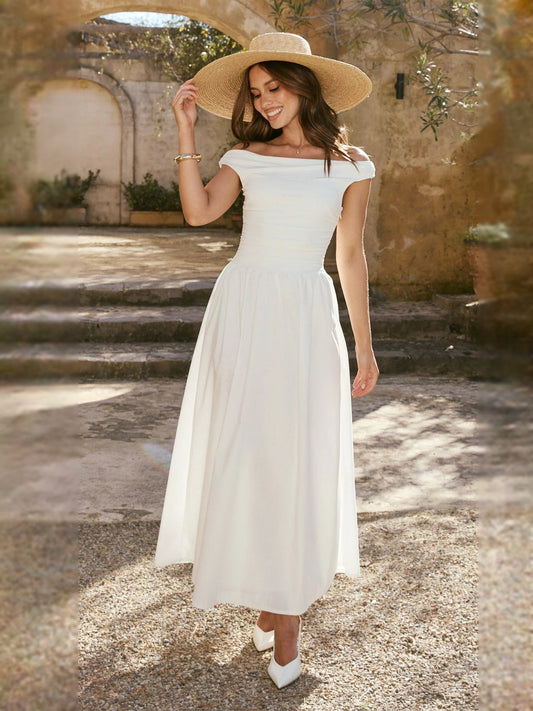 White midi formal dress, full-length front view