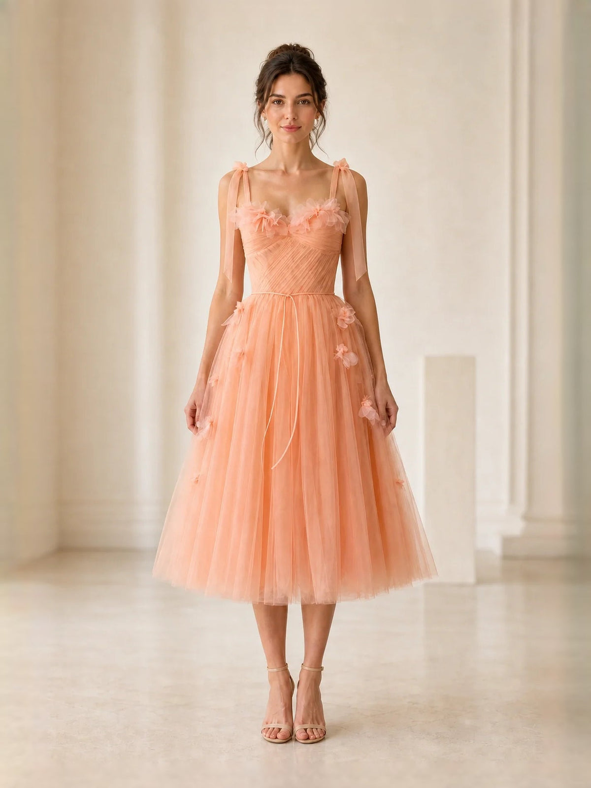 Orange tulle prom dress with sweetheart corset bodice and A-line midi skirt