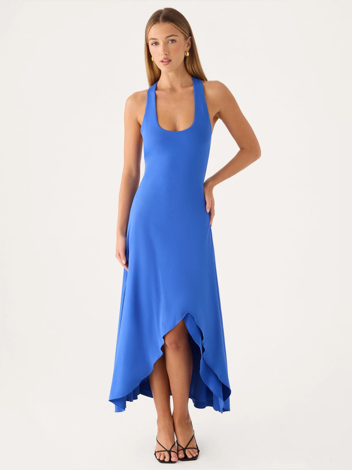 Cobalt blue sleeveless asymmetrical midi formal dress, scoop neck, high-low hem slit