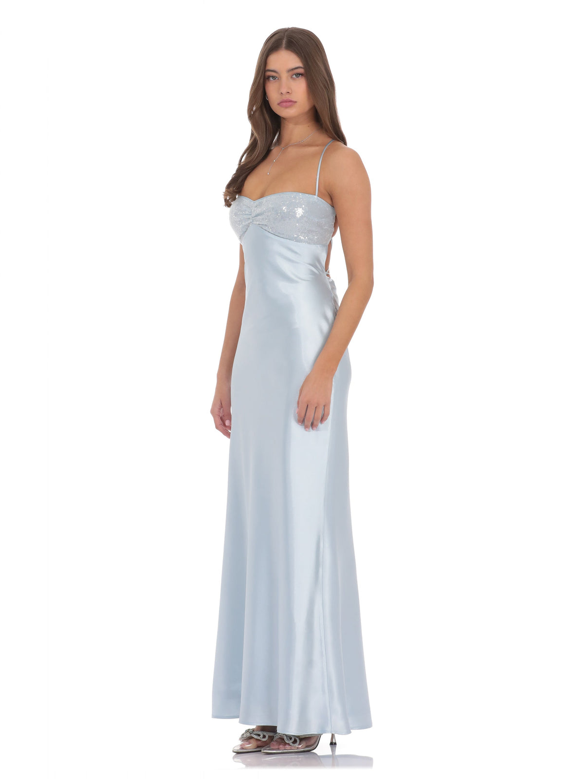 Light Blue bridesmaid dress with a-line silhouette and maxi length