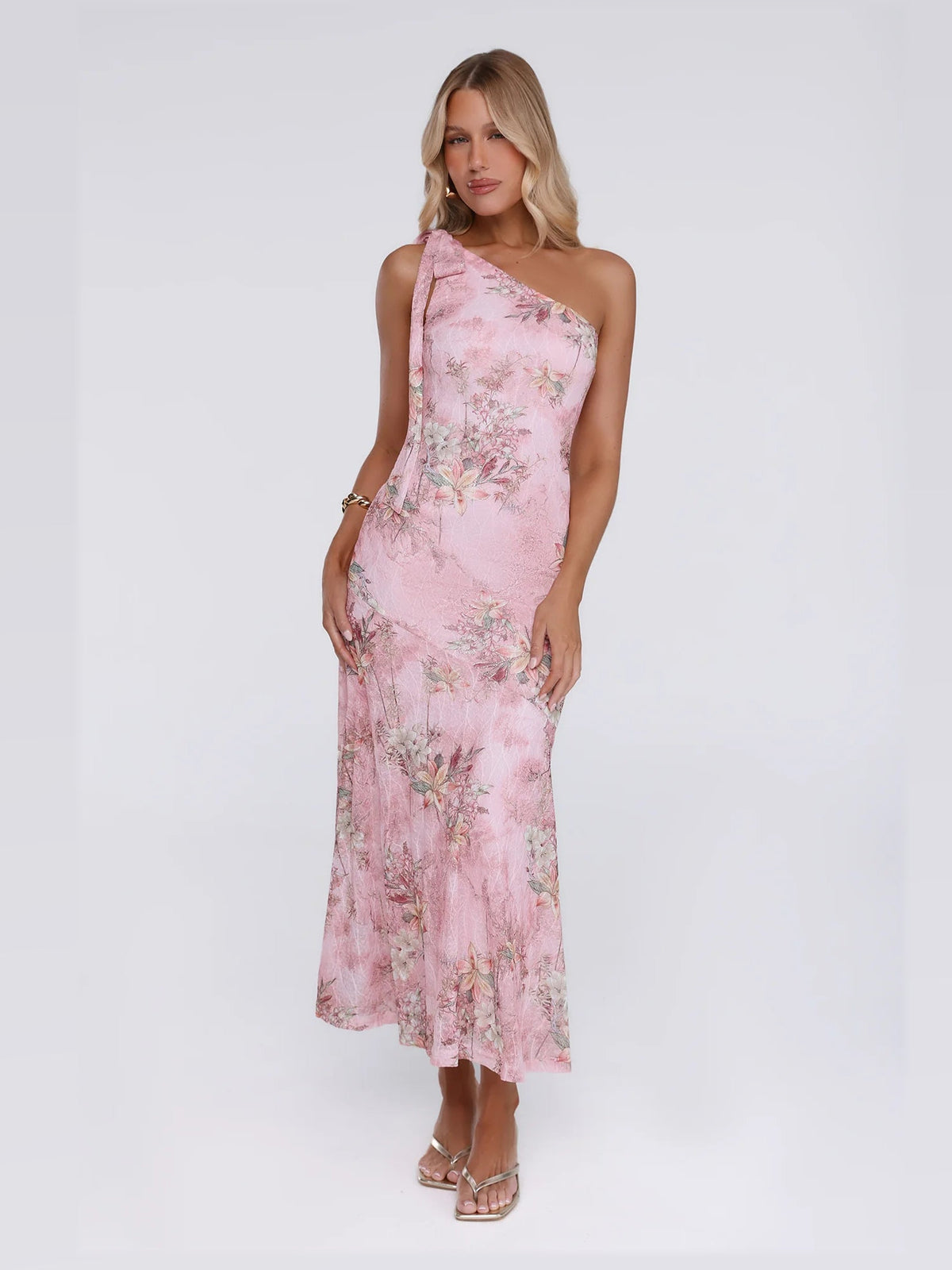 Pink maxi formal dress, front full-length view showing the neckline