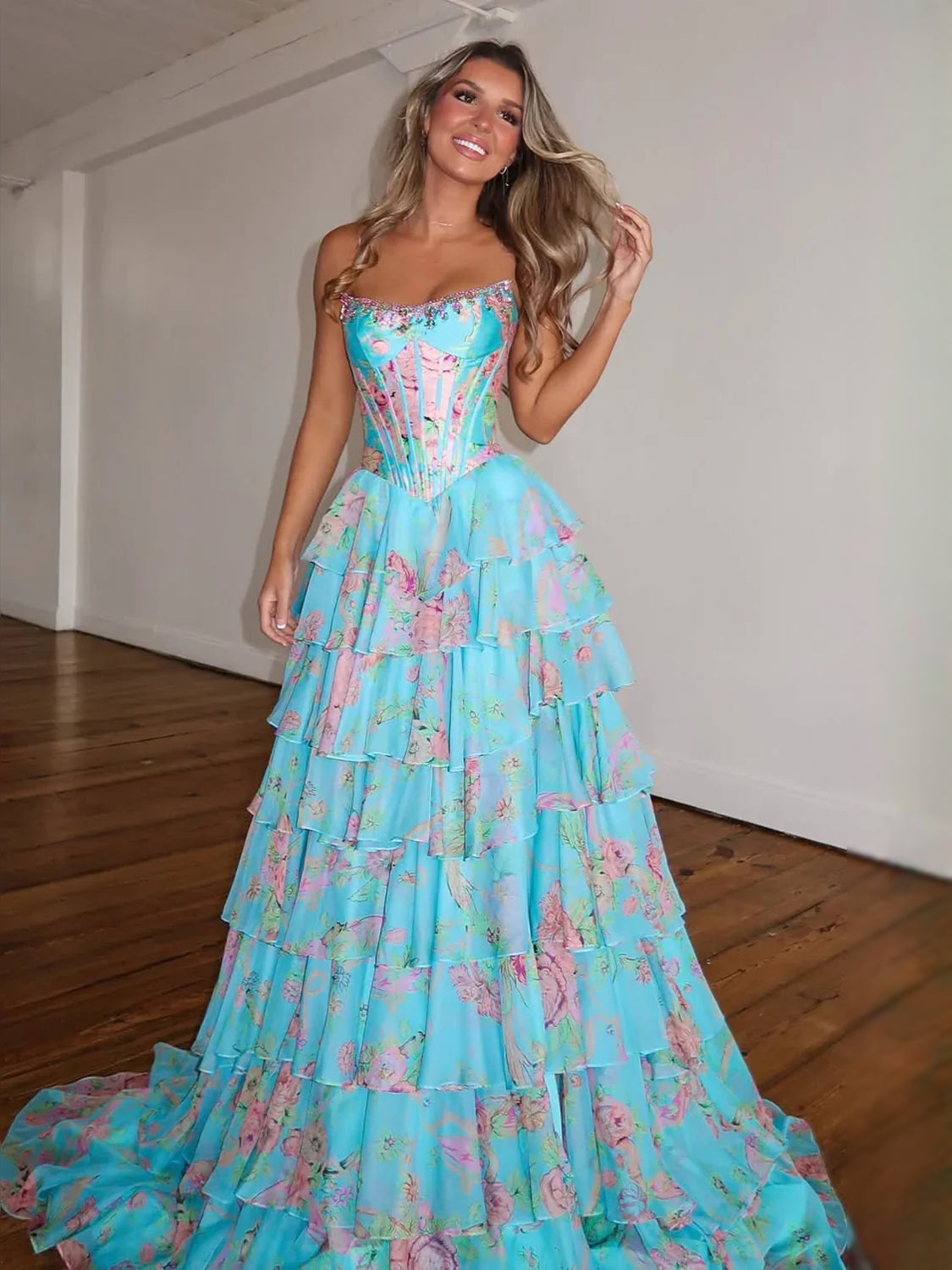 Aqua strapless floral tiered prom dress with corset bodice and side slit