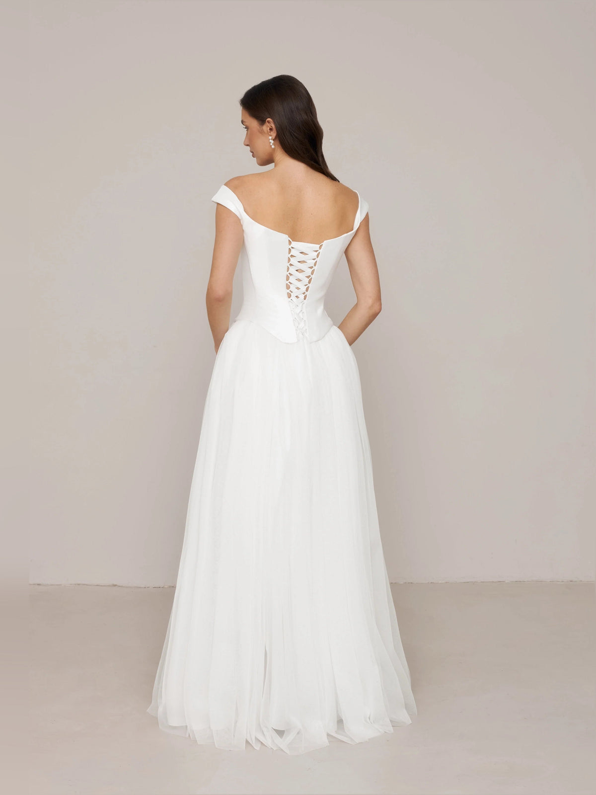 Ivory satin off-shoulder A-line wedding dress, corset back with eyelet lace-up