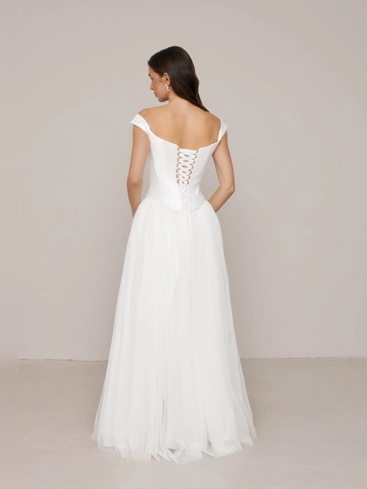 Ivory satin off-shoulder A-line wedding dress, corset back with eyelet lace-up