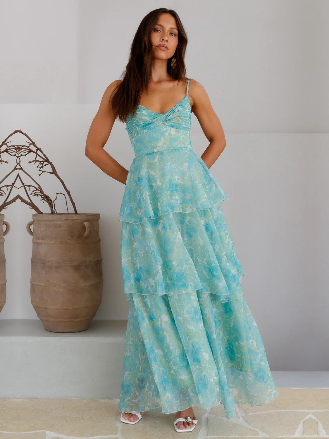 Mint a-line maxi formal dress with V-neckline, full-length front view