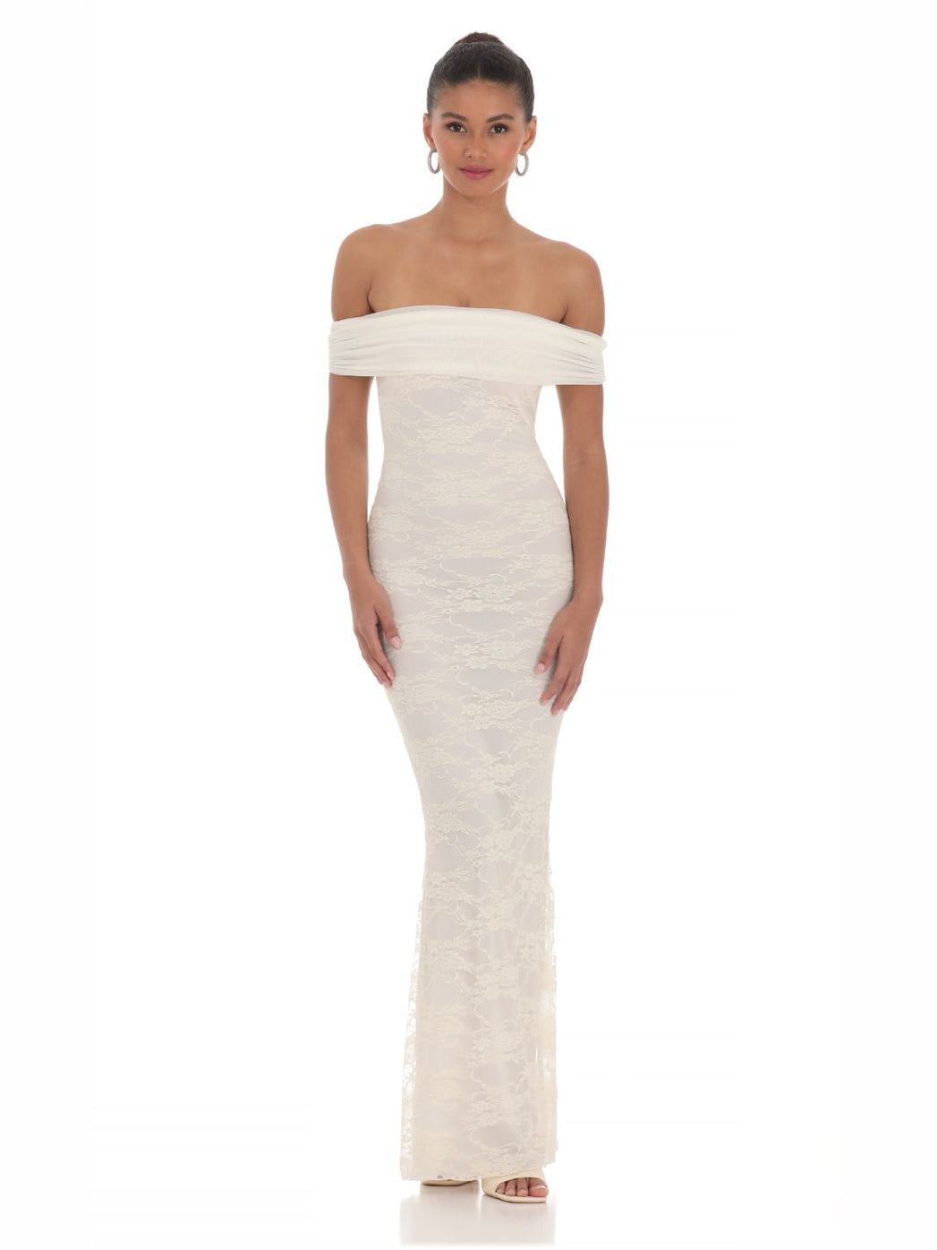 Cream sheath maxi formal dress with off-the-shoulder neckline, full-length front view
