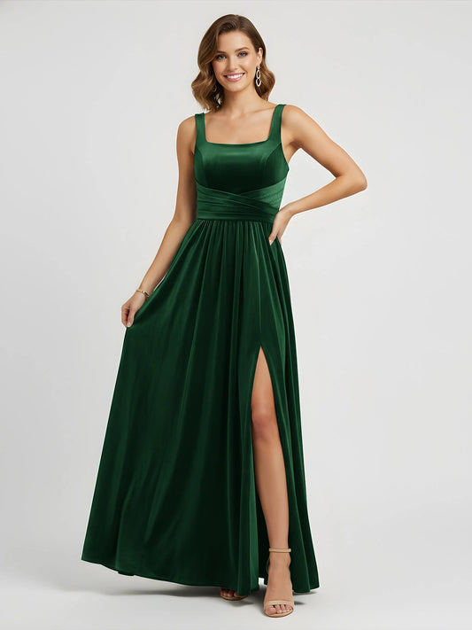 Square-neck ruching formal dress in dark green with slit skirt