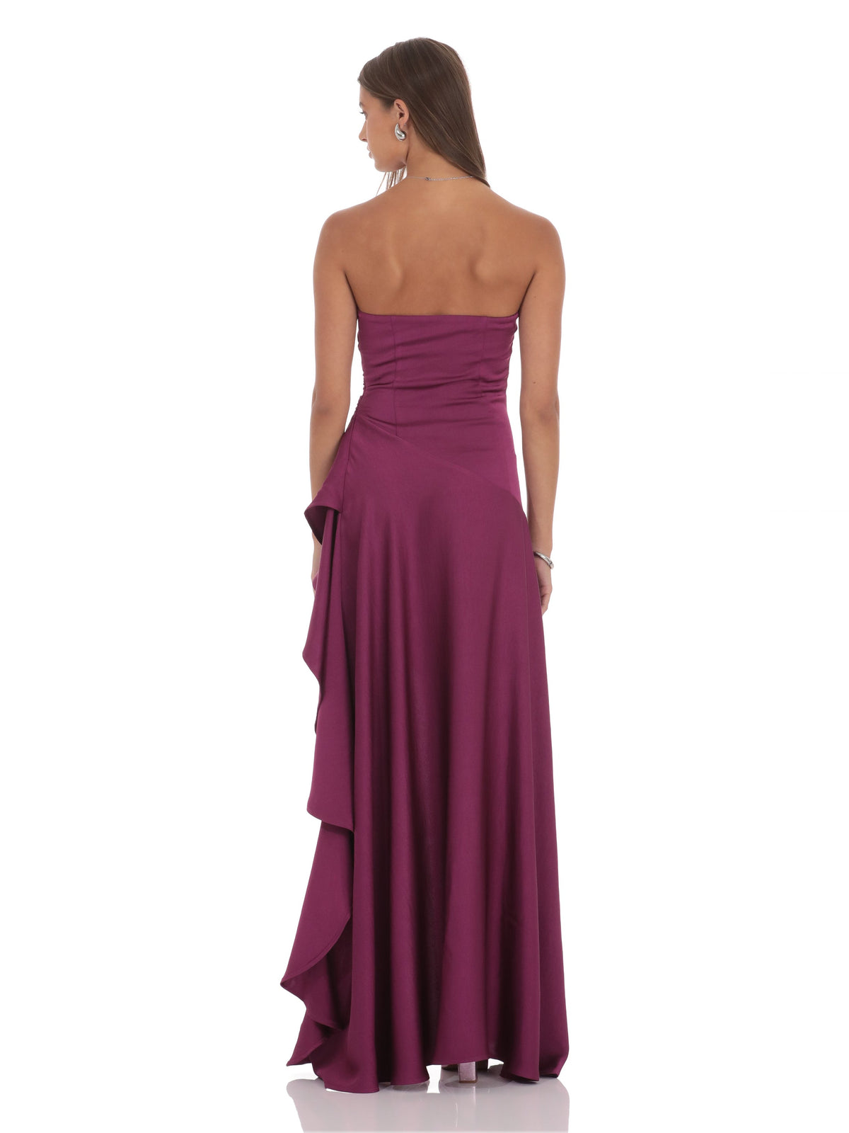 Plum bridesmaid dress with a-line silhouette and high-low length