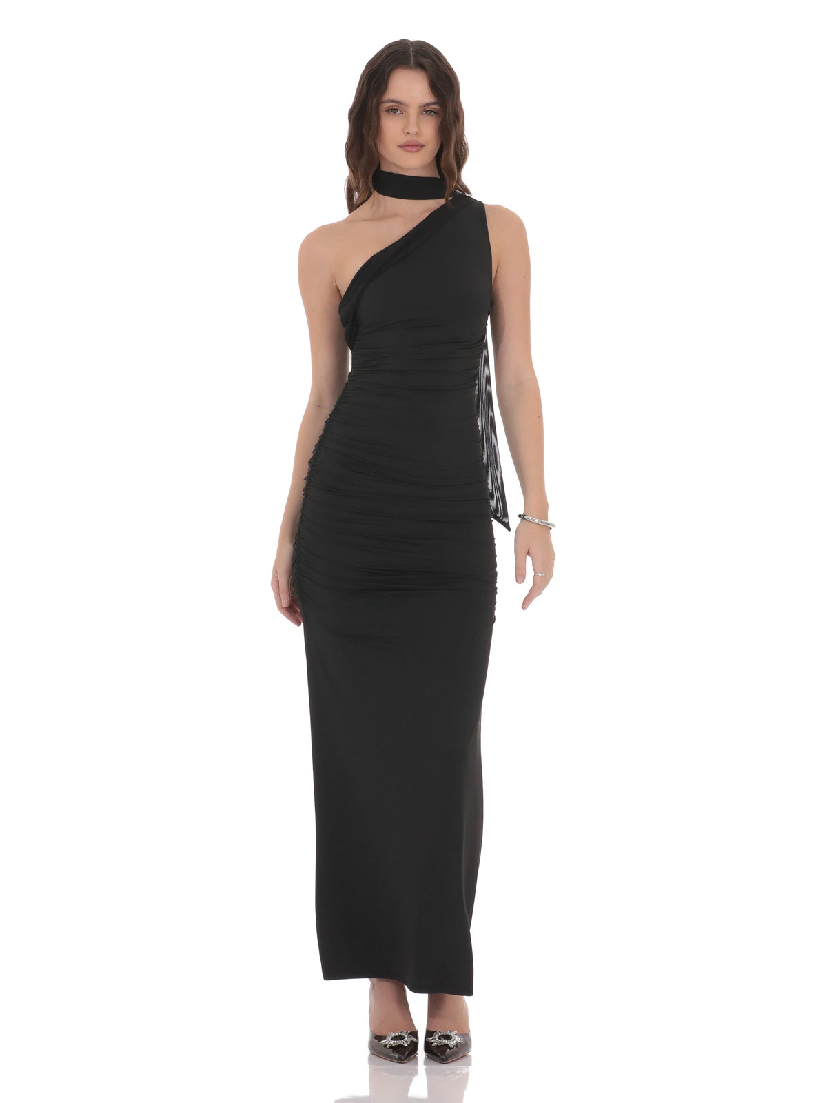 Black bridesmaid dress with a-line silhouette and maxi length