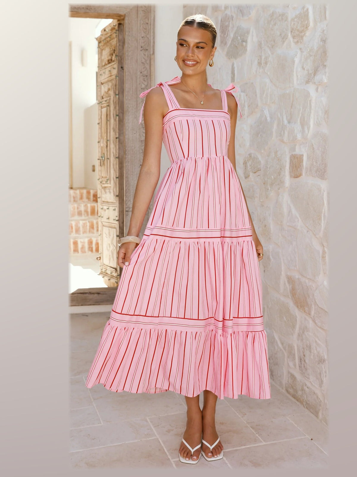 Pink midi formal dress, front full-length view showing the neckline