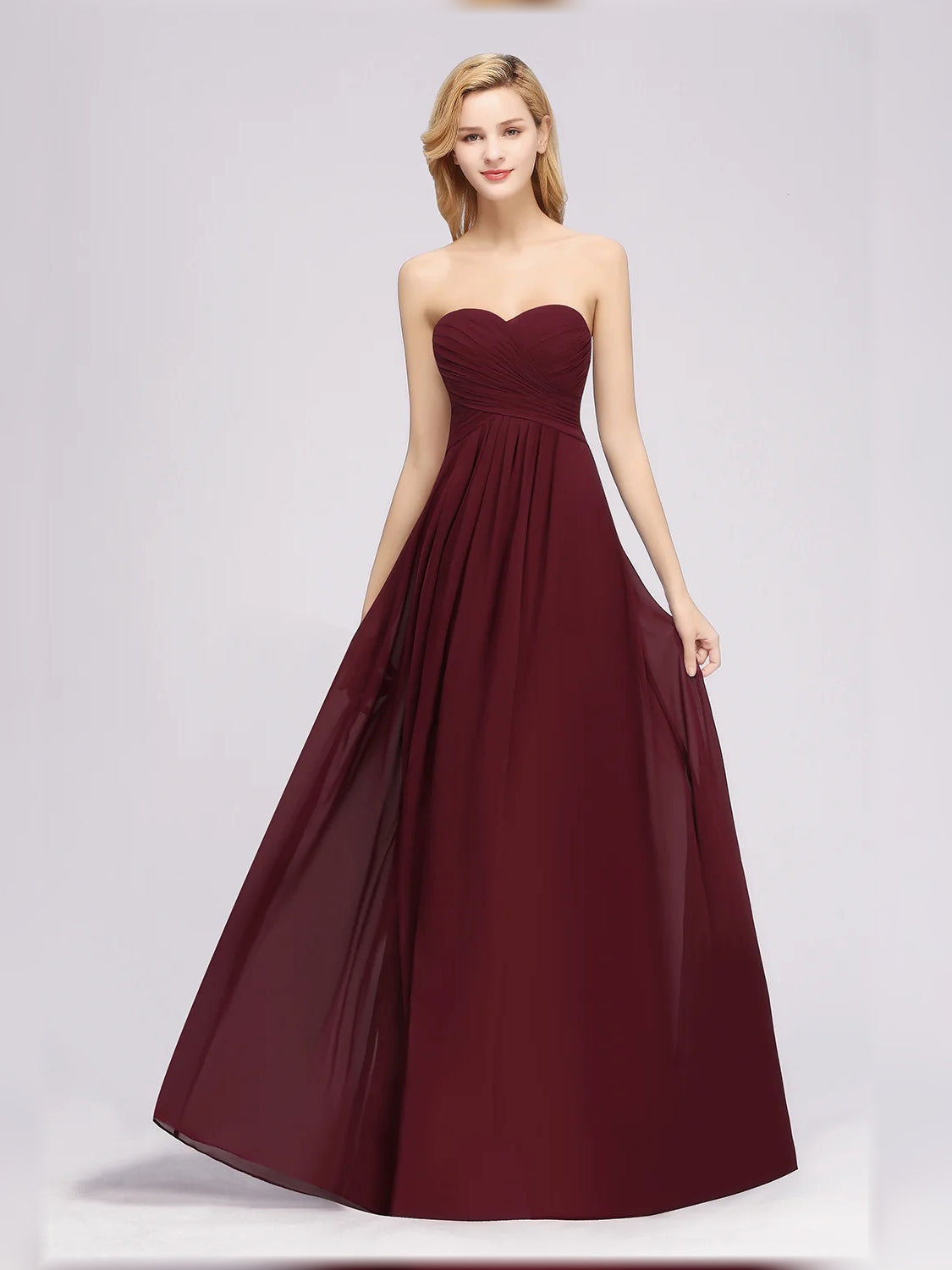 Burgundy strapless sweetheart A-line chiffon bridesmaid dress, floor length, ruched waist