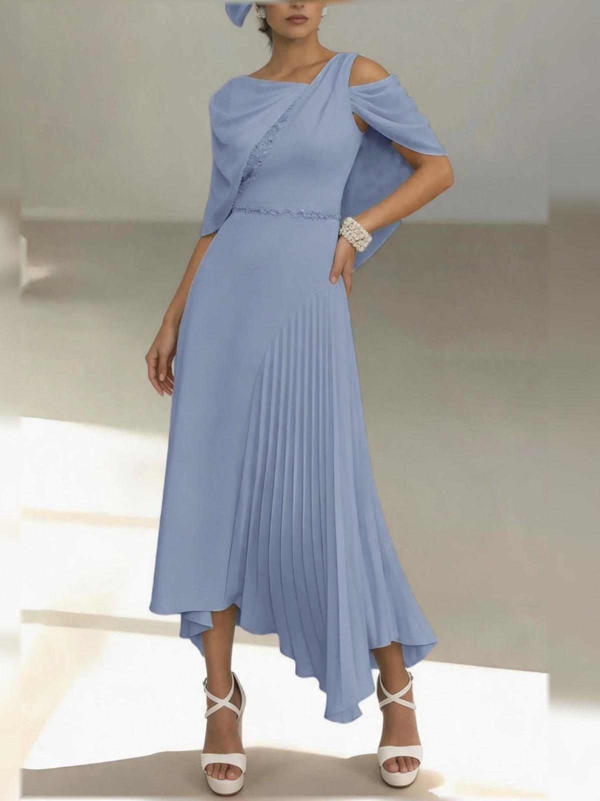 Dusty blue one-shoulder pleated A-line midi chiffon dress with draped sleeve