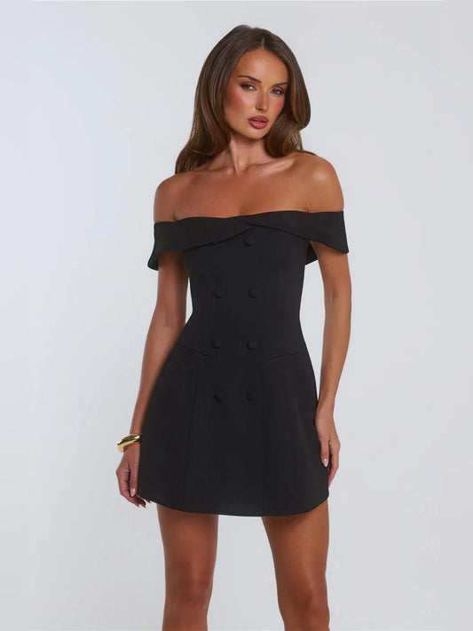 Black off-shoulder mini homecoming dress, fitted bodice with double-button accents.