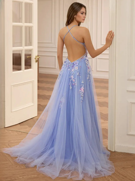 Blue floral corset-style V-neck tulle prom dress, low open back, spaghetti straps