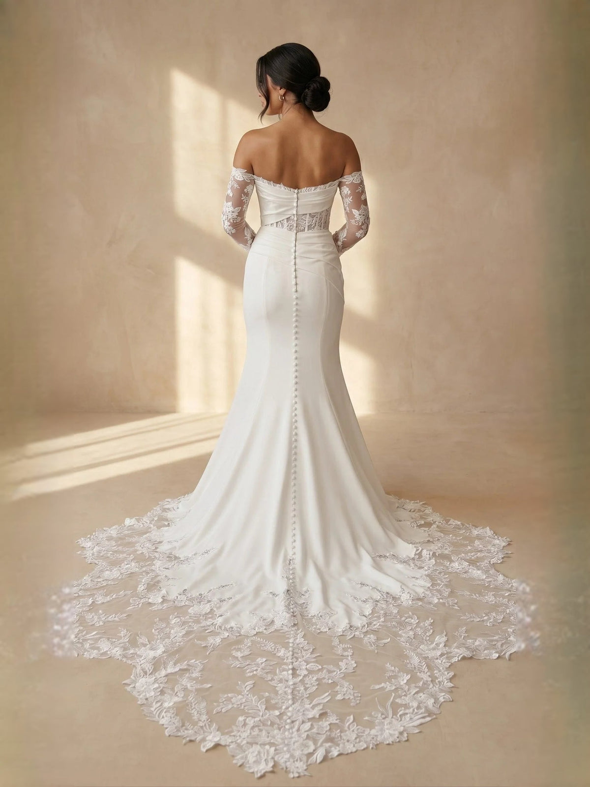 Ivory off-shoulder satin mermaid wedding dress with lace back and floral train