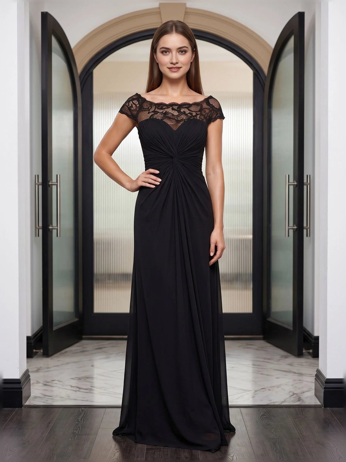 Black off-shoulder A-line chiffon dress with lace bodice and ruched waist, floor length