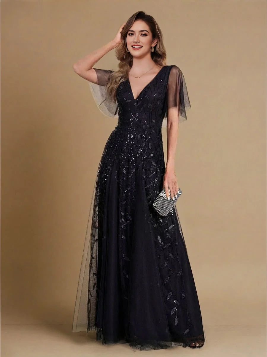 Black embroidered V-neck A-line floor-length tulle dress with short mesh sleeves