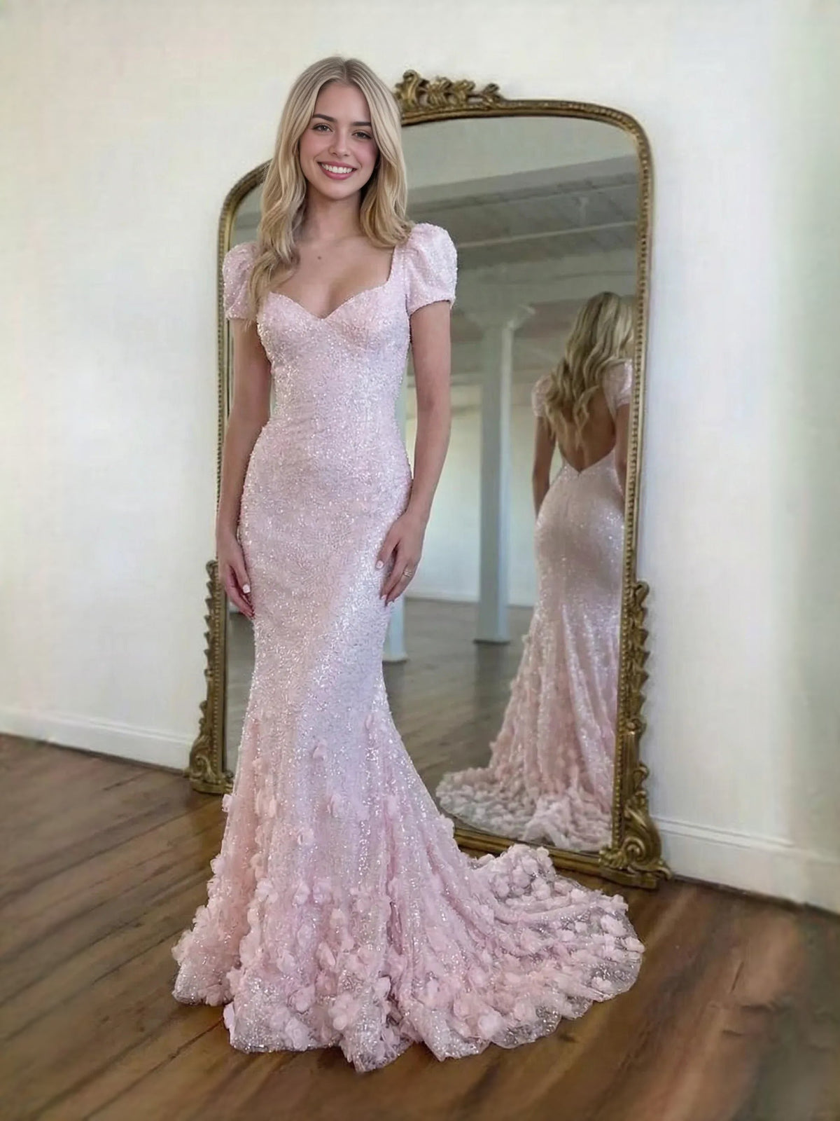 Pink sequined mermaid prom dress with sweetheart neckline and short puff sleeves