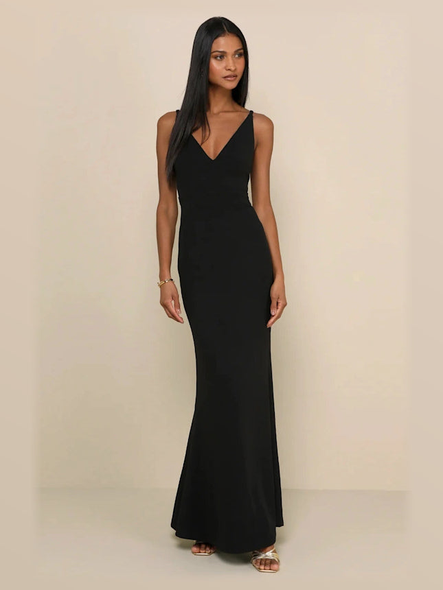 Black maxi formal dress, front full-length view showing the neckline
