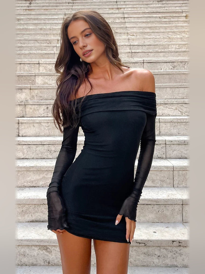 Black off-shoulder bodycon mini dress with long sheer mesh sleeves