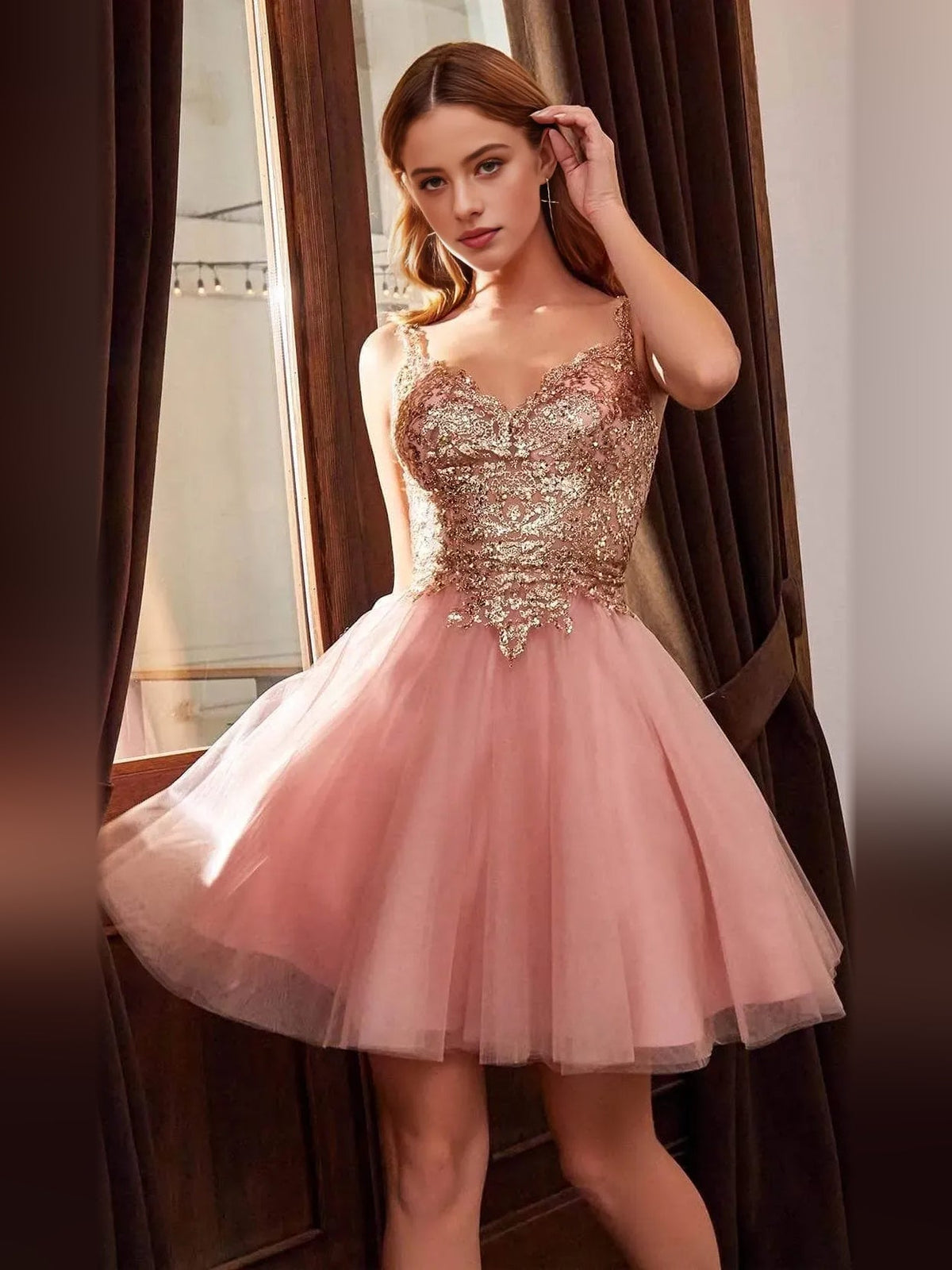Dusty rose mini tulle homecoming dress with sweetheart beaded glitter bodice and A-line skirt