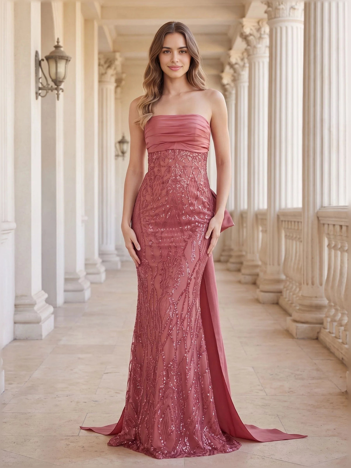 Dusty rose strapless ruched formal gown with textured sequin-like fabric, floor length
