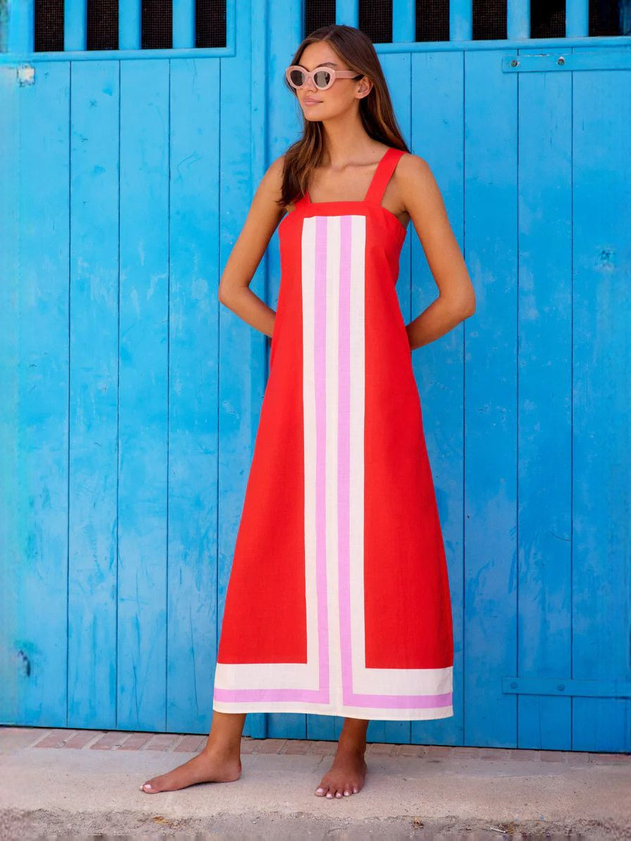 Red White Stripe a-line maxi formal dress with square neckline, full-length front view