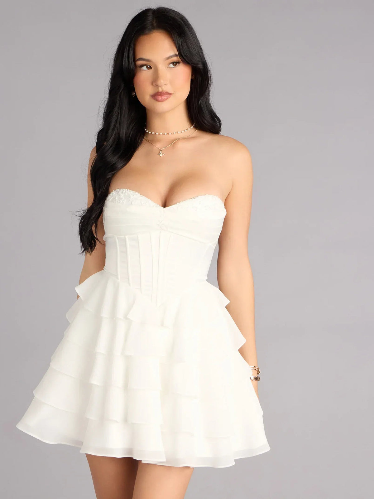 Ivory strapless corset bodice mini A-line dress with tiered ruffle skirt