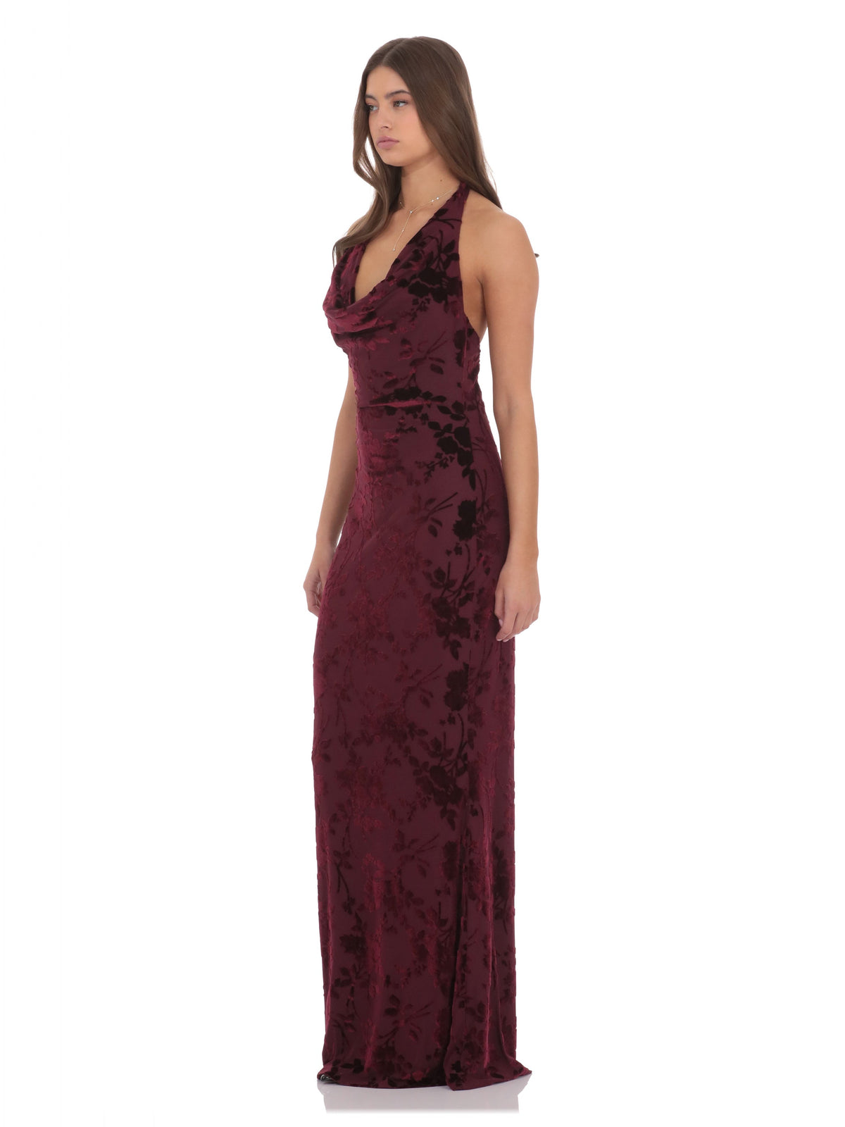 Plum bridesmaid dress with a-line silhouette and maxi length