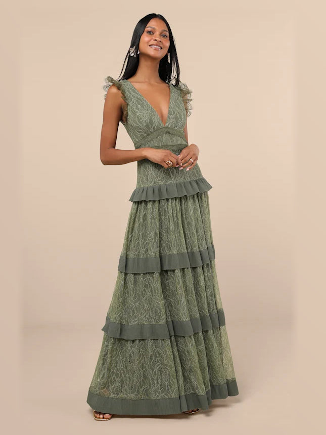 Green formal dress with a-line silhouette and maxi length