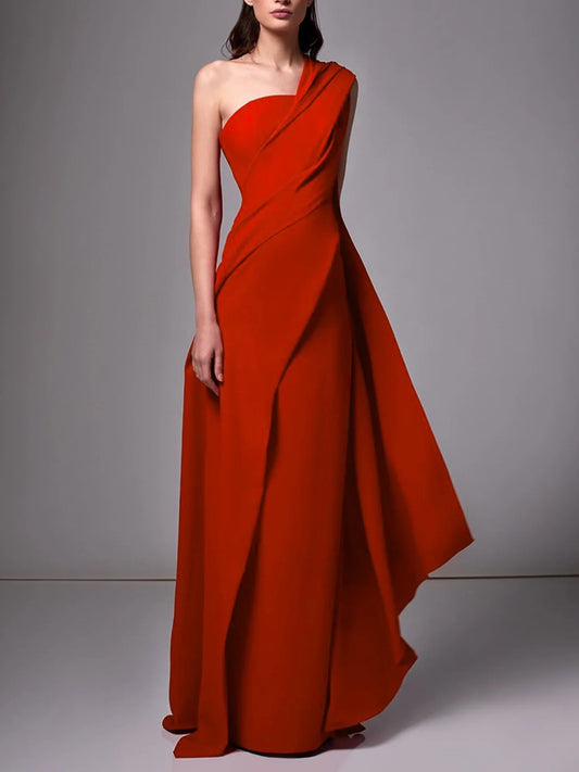 One-shoulder red formal dress with draped ruching, A-line floor-length skirt